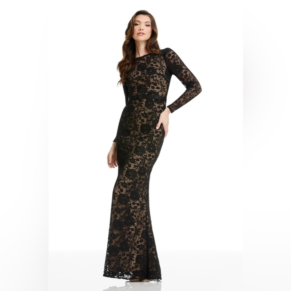 new Dress the Population Tamra black lace belted mermaid cut gown